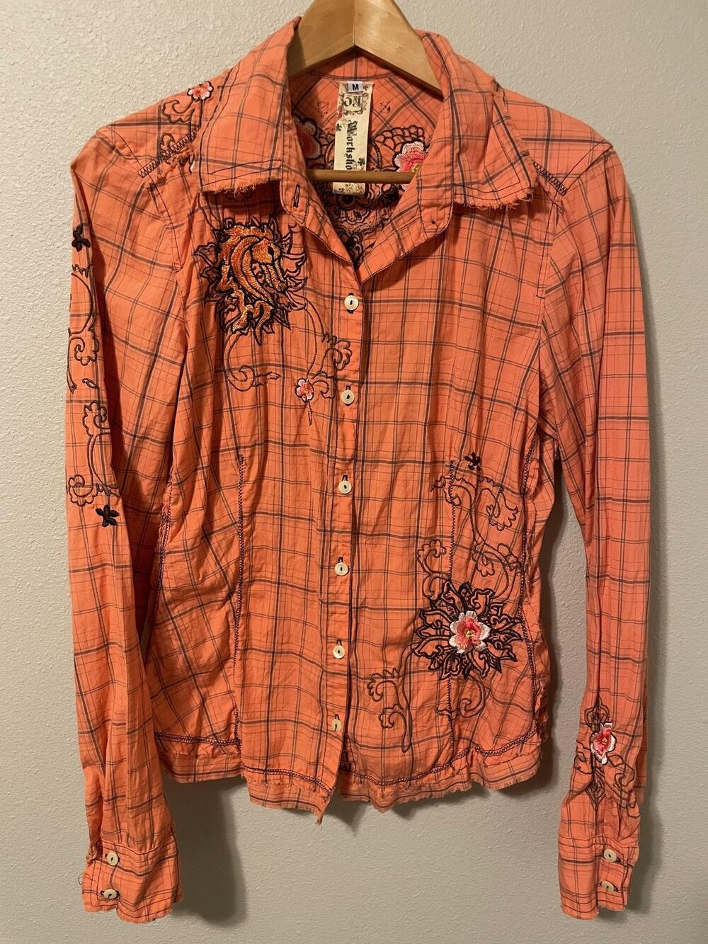 Johnny Was 3J Workshop Button Up Womens Medium Orange Plaid Embroidered Raw Hem
